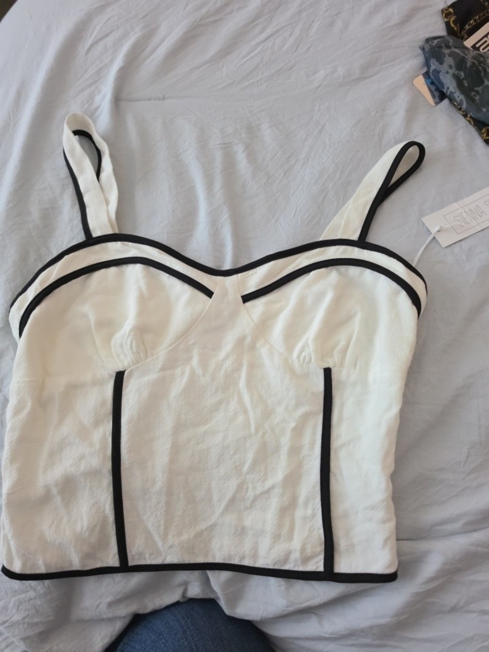 Sienna Sky White Bustier Crop Top with Black Trim